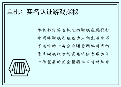 单机：实名认证游戏探秘